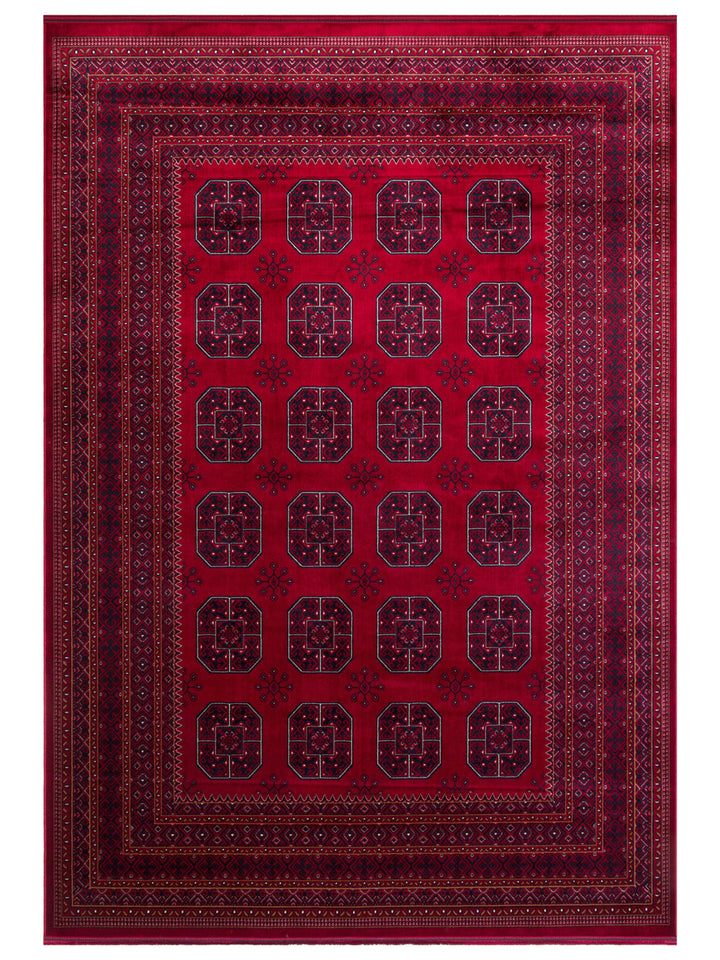 Paghman Series Afghan Patterned Viscose Dense Woven Non-Slip Based Thin Machine-Made Carpet 02 RED