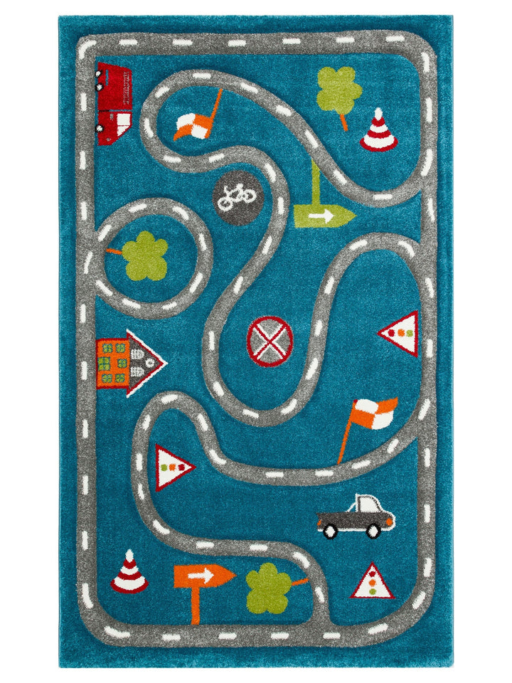Carpetdocia Kids Eğlenceli Araba Yarışı Temalı Çocuk Halısı 19 BLUE GREY - Carpetdocia