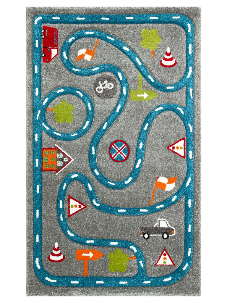 Carpetdocia Kids سجادة أطفال مسلية بزخارف سباق سيارات 19 رمادي أزرق