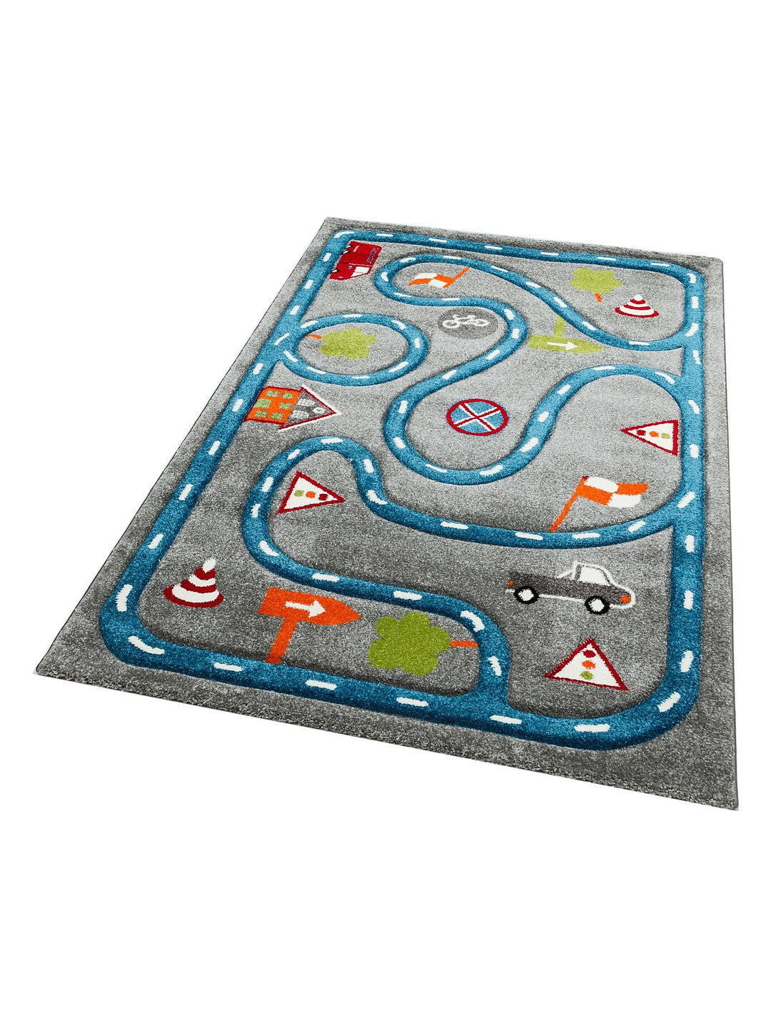 Carpetdocia Kids Eğlenceli Araba Yarışı Temalı Çocuk Halısı 19 GREY BLUE - Carpetdocia