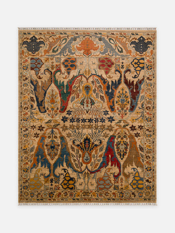 El dokuma Afgan halı bej figürlü cennet bahçesi 246x308 cm kuşbakışı tam görünüm