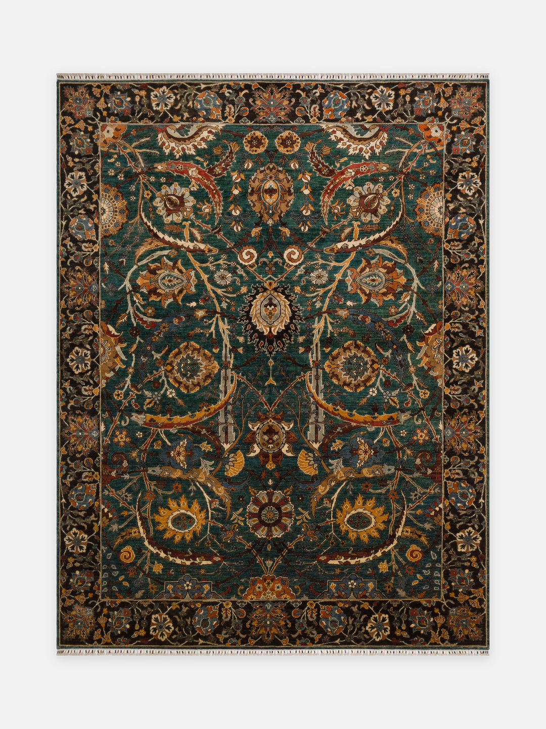 El dokuma Afgan halı koyu yeşil şah abbas i̇ri palmet 271x356 cm kuşbakışı tam görünüm