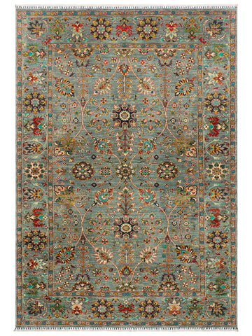 El dokuma Afgan halı petrol mavisi Şah Abbas palmet rozet kuşbakışı 211x306 cm