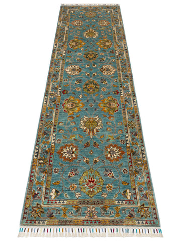 El dokuma Afgan halı petrol mavisi bitkisel desen 85x275 cm