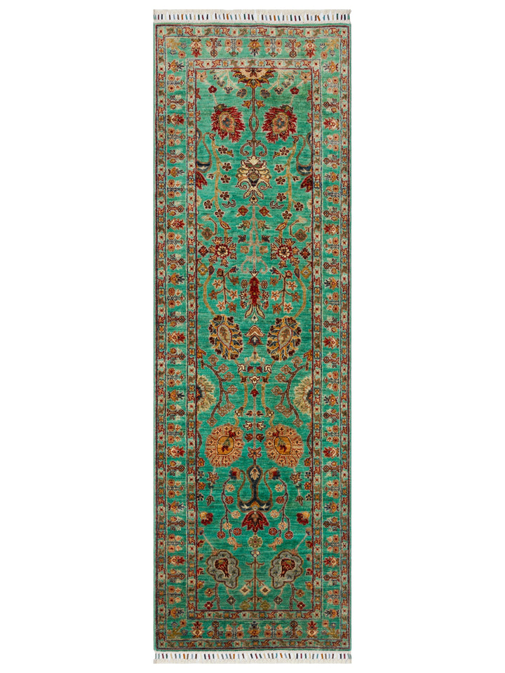 El dokuma Afgan halı turkuaz bitkisel desen 81x251 cm