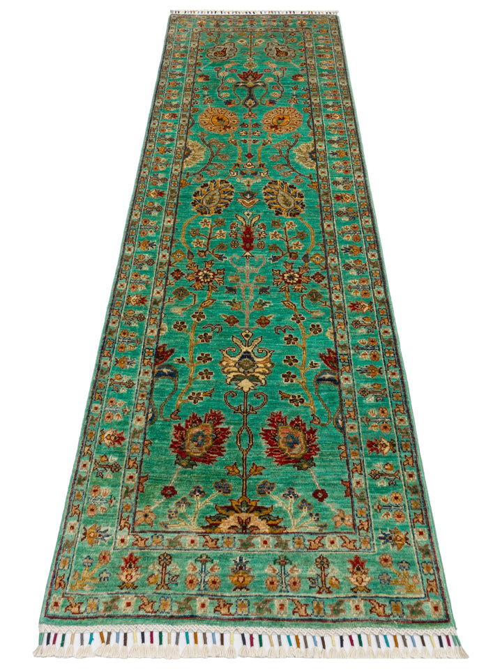 El dokuma Afgan halı turkuaz bitkisel desen 81x251 cm
