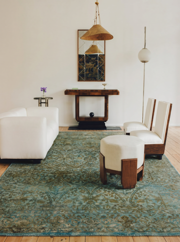 Tapis indien fait main en une seule pièce, laine et soie, Jaipur Lacuna moderne surteint, salon, bleu ciel antique