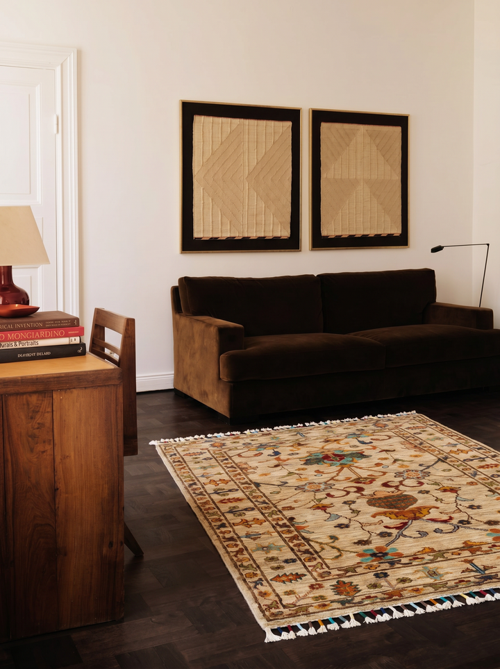 Tapis fait main Afghan Chobi Ziegler, pièce unique, motif vase et grenade crème
