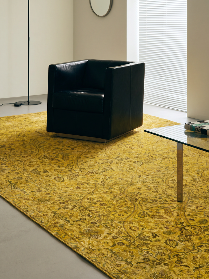 Tapis indien fait main en une seule pièce, laine et soie, Jaipur Lacuna moderne surteint, salon, jaune doré