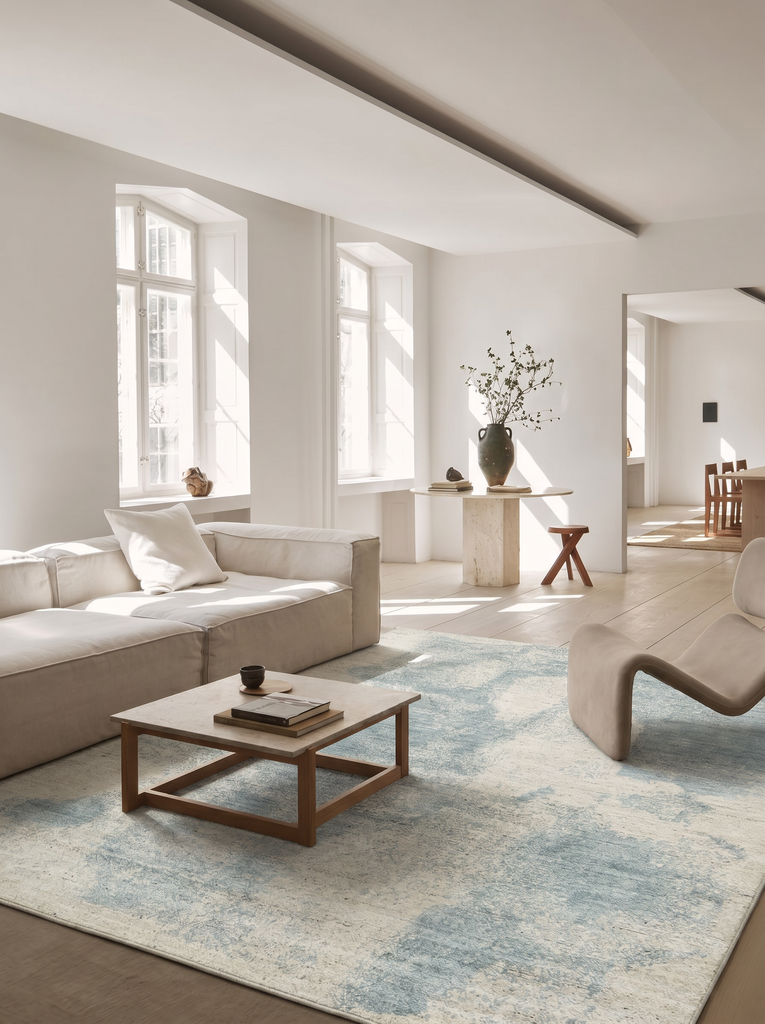 Série Palette Tapis scandinave fait main 100 % laine naturelle, viscose, coton pour salon, séjour BEIGE BLEU